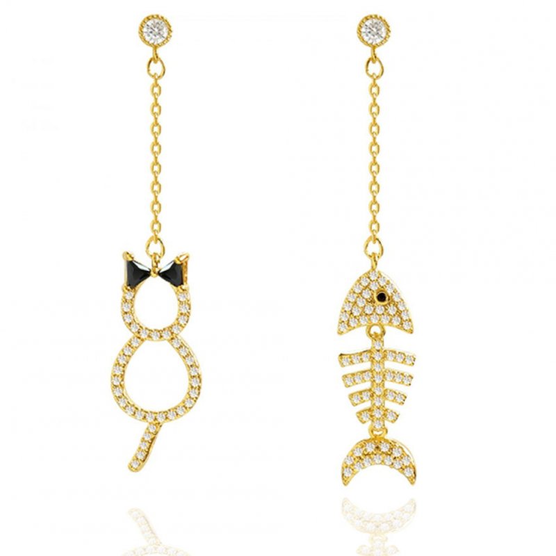 1 Pair of Women's Earrings s925 Silver Needle Animal and Fish Bone Shape Asymmetric Earrings Golden