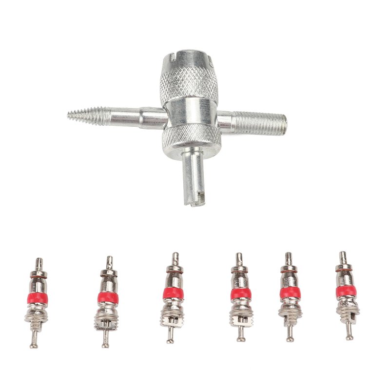 1 Set 4-in-1 Disassembly Tool Valve Cores Applicable For Cars Trucks Motorcycles Bicycles Silver_Tool 1 + 6 valve cores