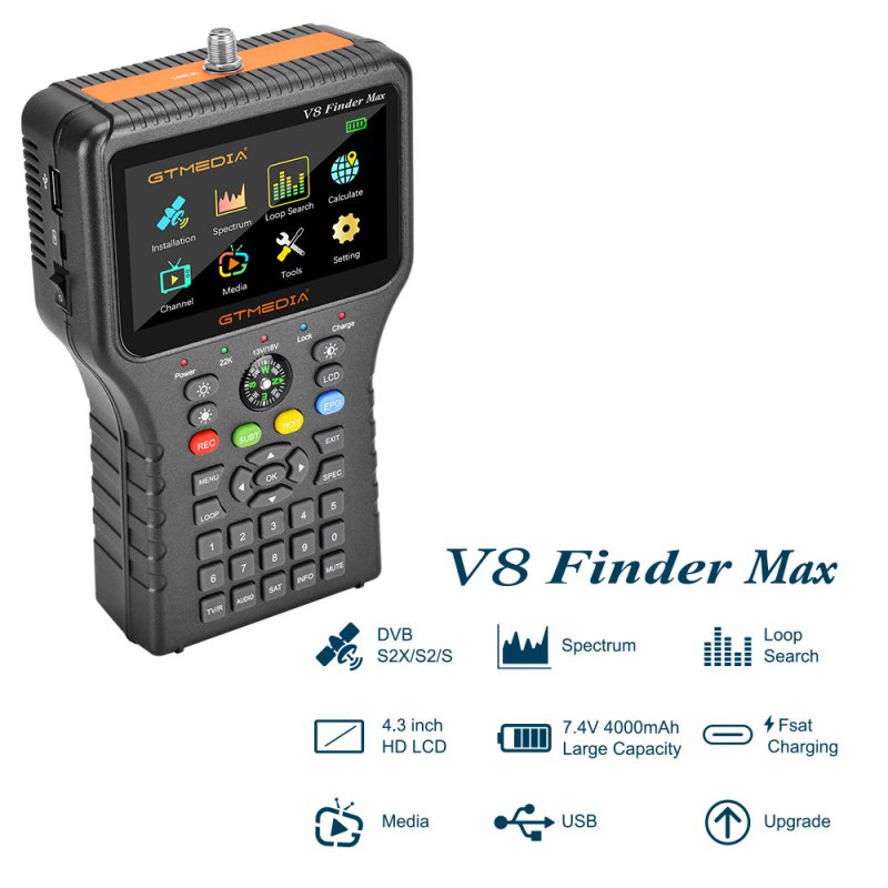 V8 Finder Pro Dvb-s2 T2 C Ahd Atsc H.264/h.265 10 Bit 4.3in HD Satellite Finder