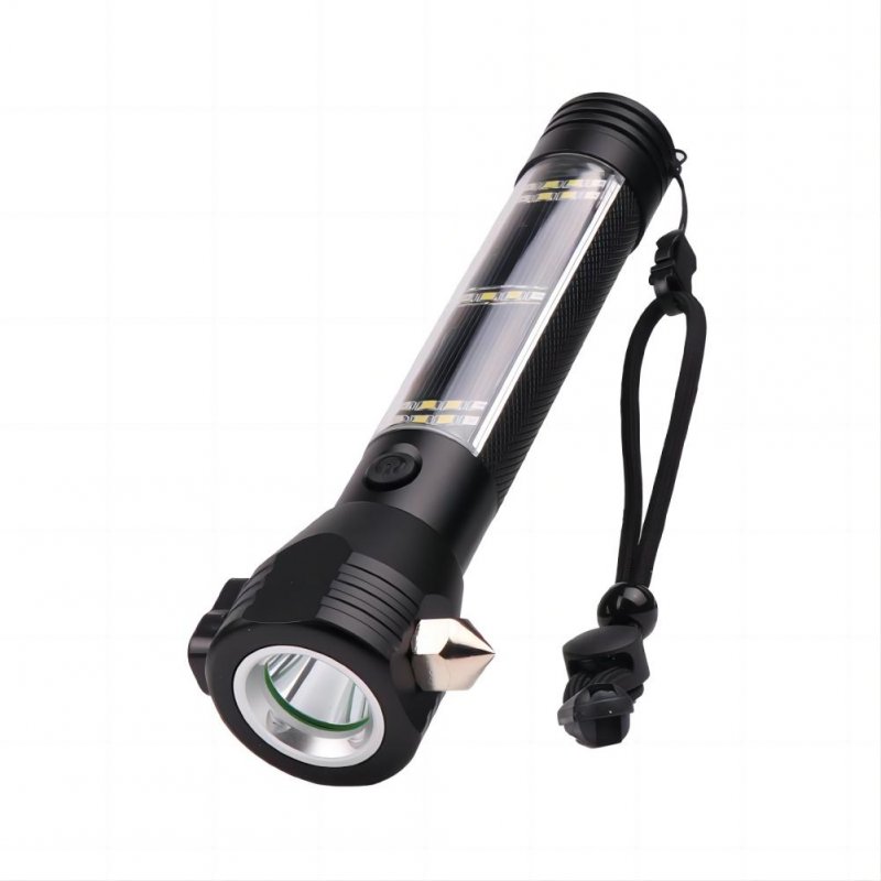 10 In 1 Multi Function Flash Light, USB Rechargeable Solar Powered Flashlight With Glass Breaker Seatbelt Cutter, 7 Modes Flashlight Camping Lights black