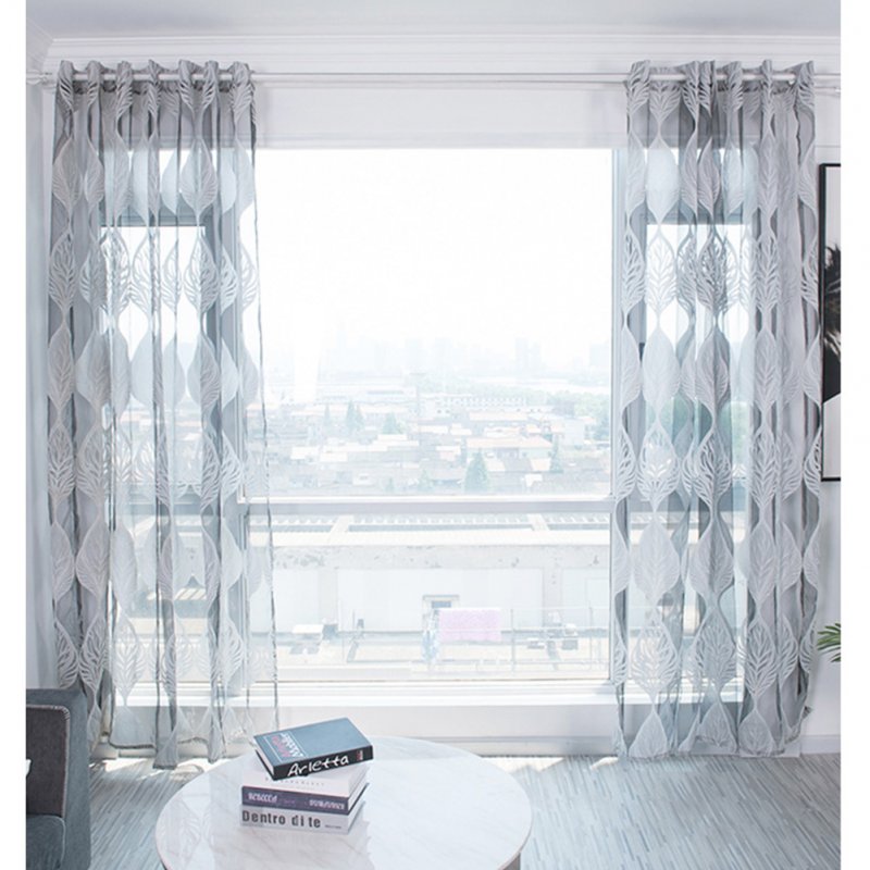 100*250cm Tulle Curtain Leaf Print Perforated Drapes for Home Living Room Balcony Decoration gray_100*250cm (W*H)