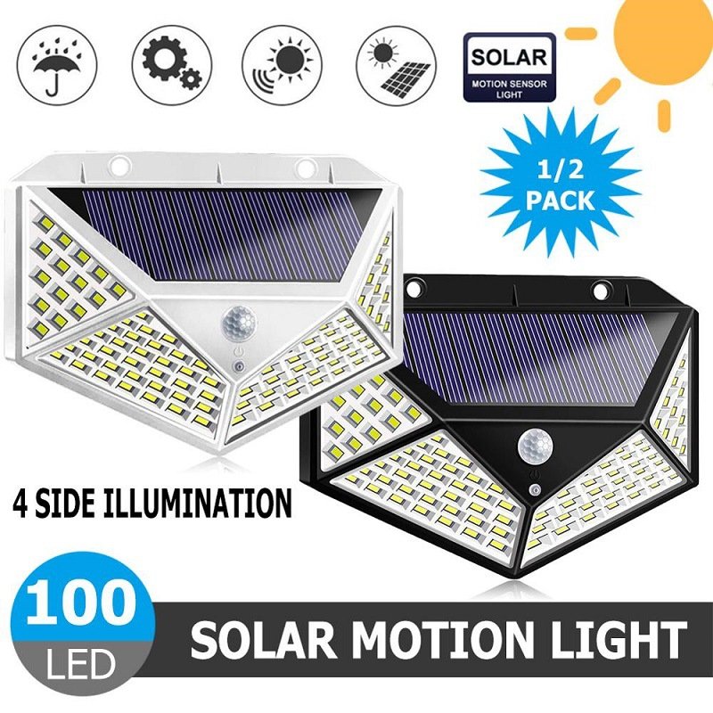 100LEDs Solar Light Outdoor 3Modes 4Sides Lighting Motion Sensor Wall Lamp White light_White shell