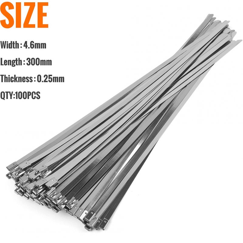 100pcs/bag 304 Stainless Steel Ties 4.6*300 Self-locking Cable Tie Zip  Tie Silver