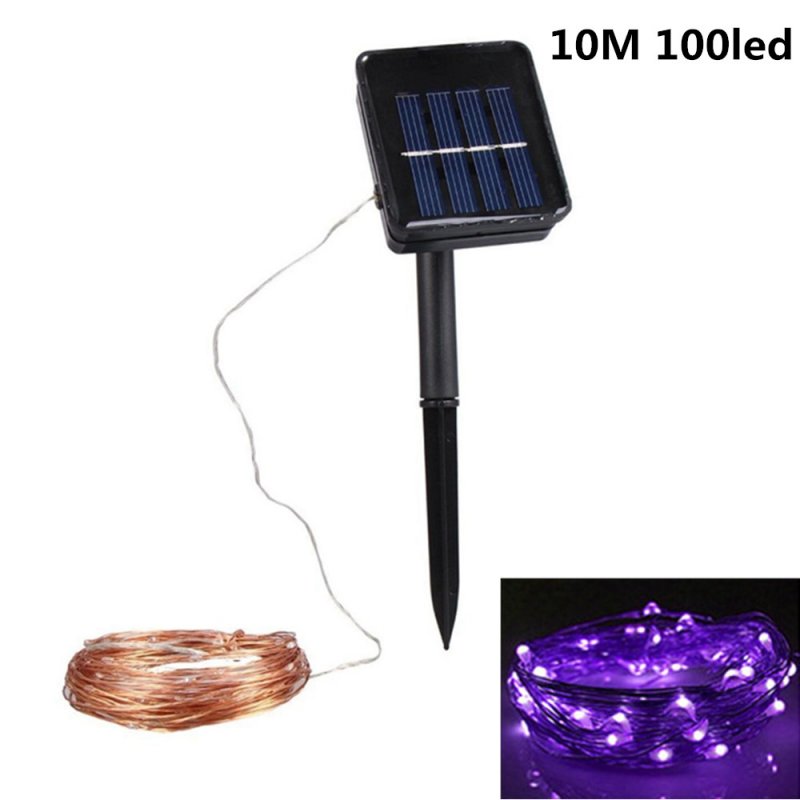 10M 100LED Outdoor Solar Powered Copper Wire String Light Night Lamp with Ground Pin Rod  Yard Garden Decoration purple light_double function copper wire colour