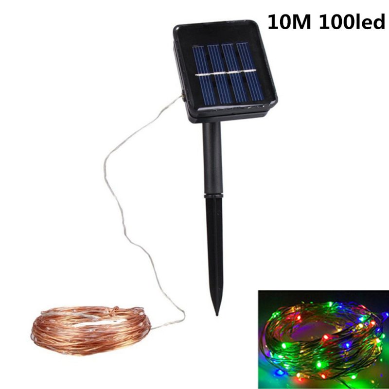 10M 100LED Outdoor Solar Powered Copper Wire String Light Night Lamp with Ground Pin Rod  Yard Garden Decoration colourful light_double function copper wire colour
