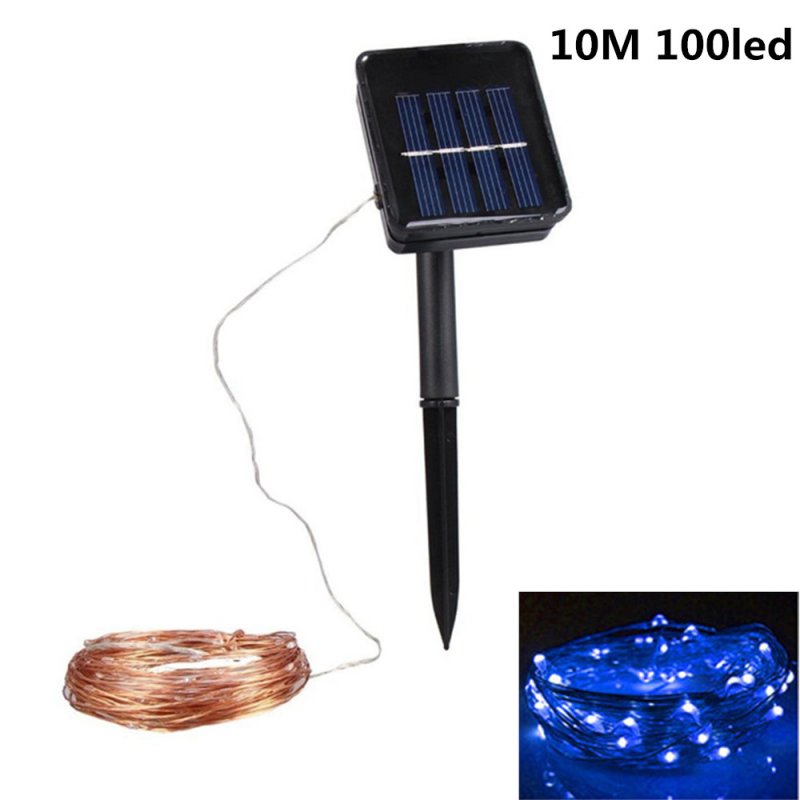 10M 100LED Outdoor Solar Powered Copper Wire String Light Night Lamp with Ground Pin Rod  Yard Garden Decoration blue light_double function copper wire colour
