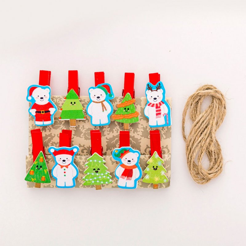 10Pcs/bag 3.5cm Christmas Wooden Photo Clips Colorful Cute Cartoon Clothespins with Rope snowman