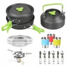 11pcs Camping Cookware Aluminum Alloy Backpacking Gear Mess Kit With Cooking Pot Kettle Frying Pan 2 Stainless Steel Plates 3 Stainless Steel Cups 2 Tablewares Stove Set green