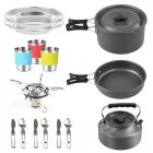 11pcs Camping Cookware Aluminum Alloy Backpacking Gear Mess Kit With Cooking Pot Kettle Frying Pan 2 Stainless Steel Plates 3 Stainless Steel Cups 2 Tablewares Stove Set black