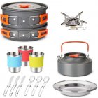 11pcs Camping Cookware Aluminum Alloy Backpacking Gear Mess Kit With Cooking Pot Kettle Frying Pan 2 Stainless Steel Plates 3 Stainless Steel Cups 2 Tablewares Stove Set orange red