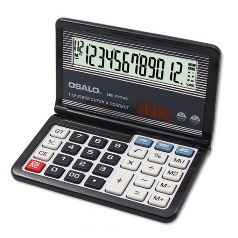 12-Digit Display Solar Battery Dual Power Calculator Portable Foldable Basic Calculator  black