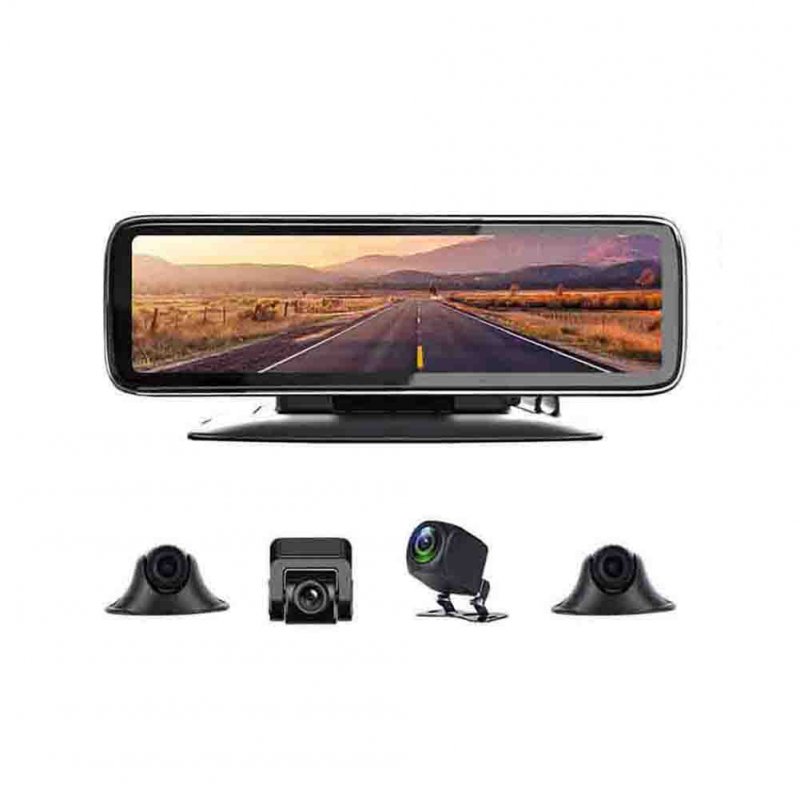 12-inch Touch-screen 360-degree Panoramic Car Dash Cam Rearview Mirror With 4-channel No-light Night Vision Ahd Driving Recorder black