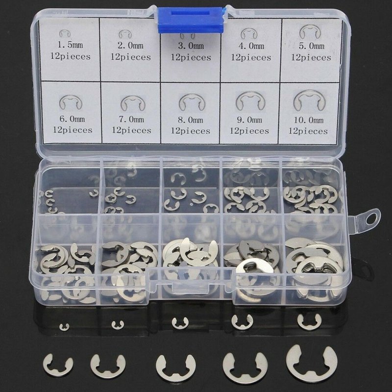 120Pcs 304 Stainless Steel E-Clip Retaining Circlip Assortment Kit 1.5mm to 10mm(Box Packing) 120 sets