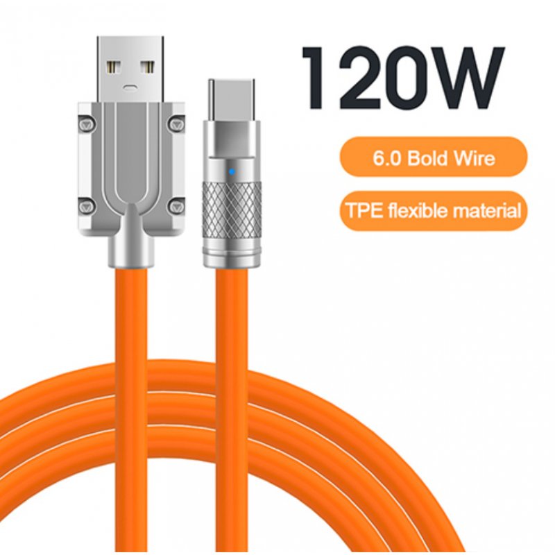 120w 6a Type C Cable Fast Charging Liquid Silicone Usb Line With Led Indicator Compatible For Xiaomi Huawei Samsung orange