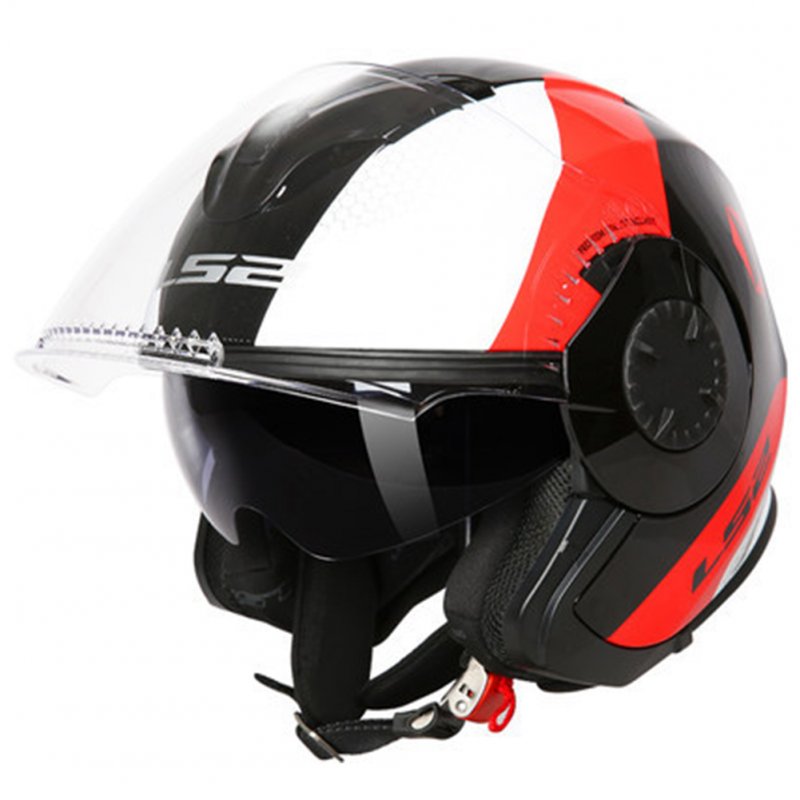 LS2 OF570 Helmet Dual Lens Half Covered Riding Helmet for Women and Men Motorcycle Helmet Casque Black and red / bunting XXXL