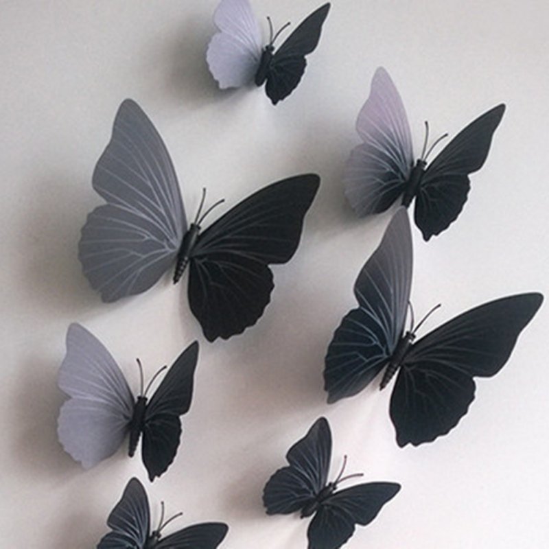 12PCS Simulate 3D Butterfly Wall Sticker with Magnet Elegant Colourful Mural Wall Decoration for Fridge Computer TV Backdrop Wall Living Room Bedroom  pure black