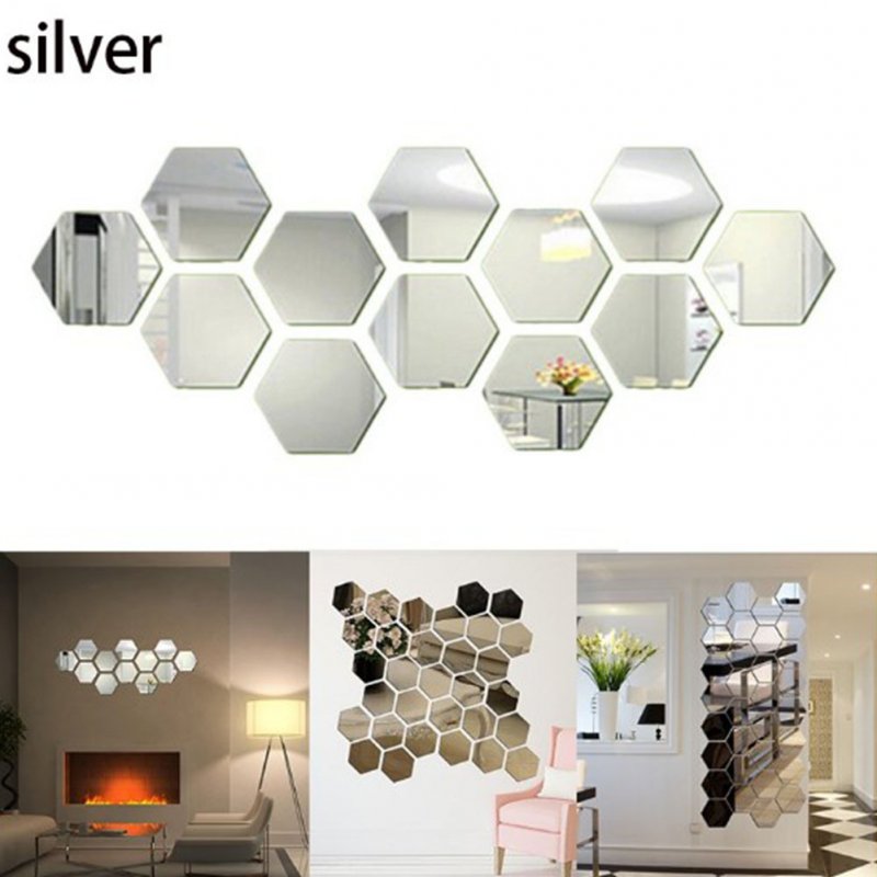 12Pcs Acrylic Hexagon 3D Art Mirror Wall Sticker Home DIY Decor Silver_46x40x23mm