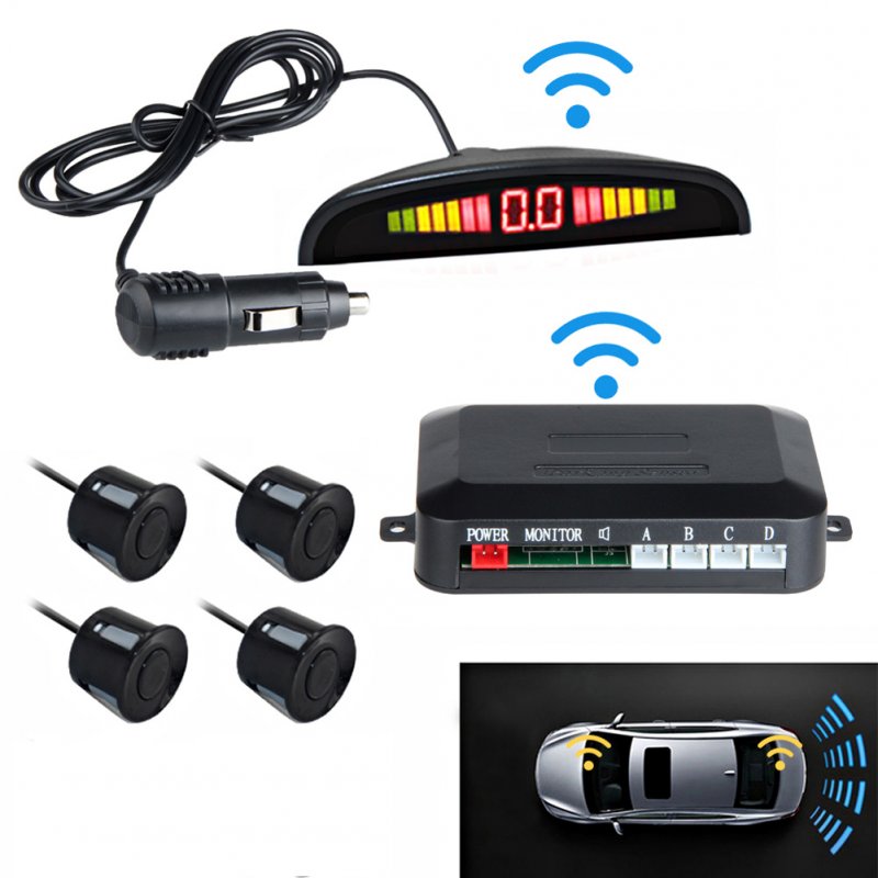 12V Car LED Parking Sensor Kit 4 Sensors 22mm Backlight Display Reverse Backup wireless Radar Monitor System  black