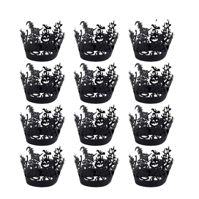 12pcs Paper Halloween Hollow Cupcakes Paper  Edge Household Kitchen Backing Accessories Witch