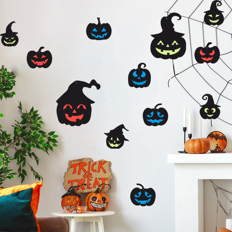 12pcs Reusable Luminous Pumpkin Wall Sticker For Halloween Party Refrigerator Door Mailbox Decor as shown