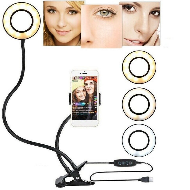 12w Led Ring Fill Light 3 Adjustable Levels Mobile Phone Bracket Desktop Clip Light For Selfie Beauty black