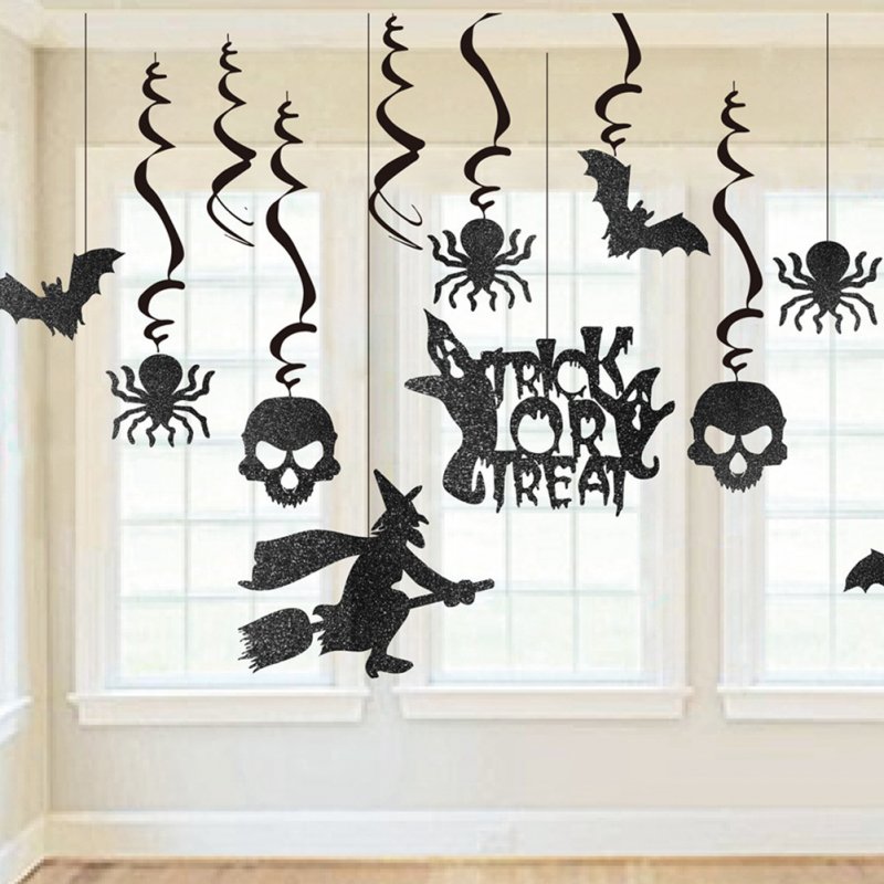 13Pcs/Set Black Glitter Skull Spiders Hanging Pendant for Halloween Party Decoration