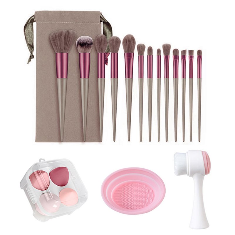 13pcs Makeup Brushes Kit With Wood Handle Foundation Eyeshadow Brush Makeup Sponge Set Beauty Tools With Storage Bag Latte+ 4Makeup Spong