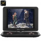 14 inch portable DVD player has a TFT LED display with a 1366x768 resolution and 270 degree rotating function  SD card reader and the support of TV and games
