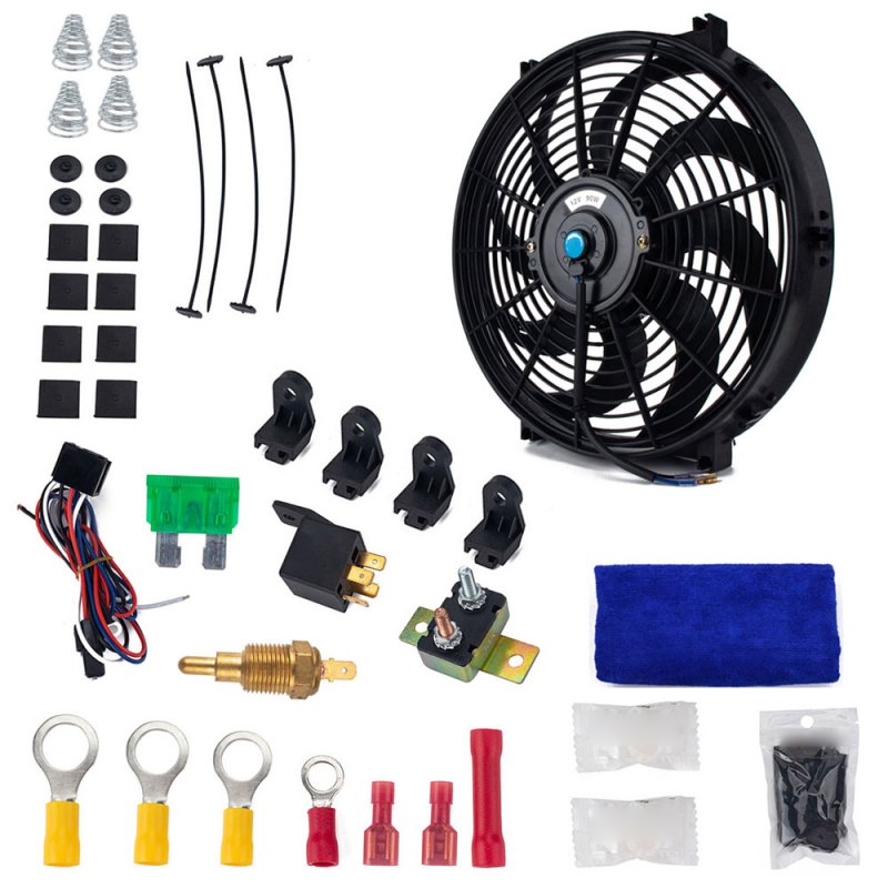 14in Electric Slim Radiator Cooling Fan Assembly 12V Universal Parts with Mounting Kit 14 inch fan + installation accessories