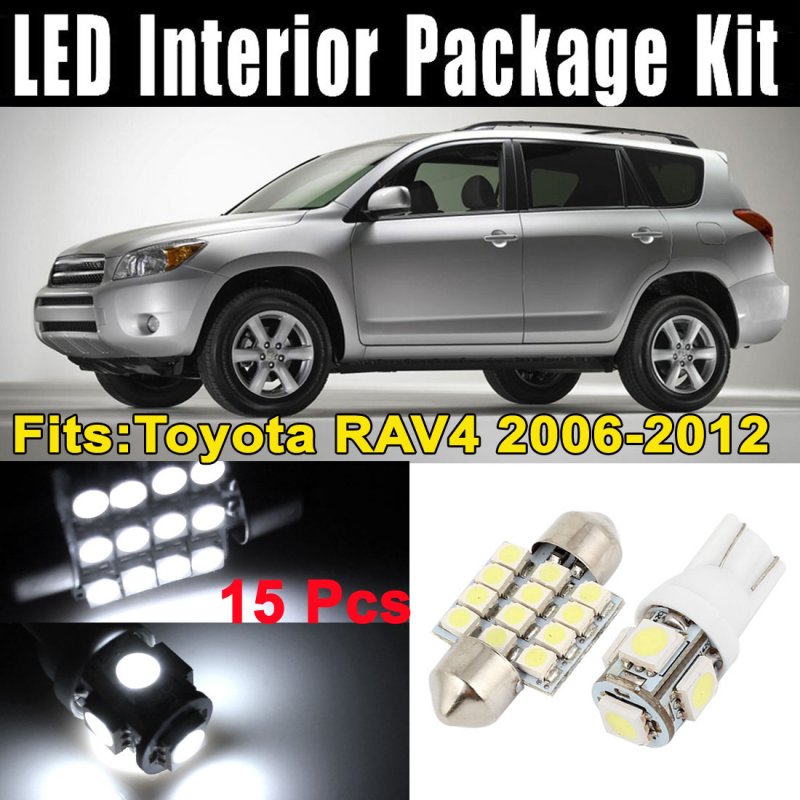 15Pcs LED Lights Interior White Dome Map Lamp Kit for Toyota RAV4 2006-2012 (7xT10-5-5050+8x31MM-12-3528)