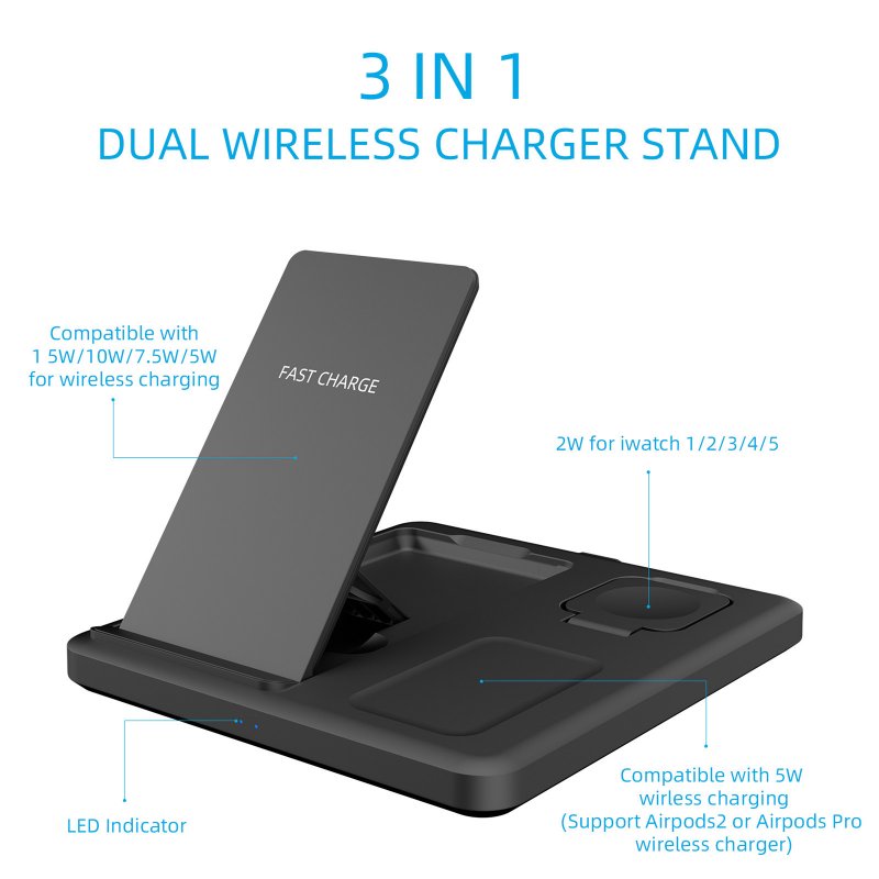 15w Fast Wireless Charger Stand Compatible For Iphone Airpods Watch 3-in-1 Folding Charging Dock Station black