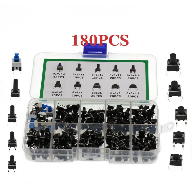180pcs/set 10 Type 6*6 Light Micro Touch Switch Set Push Button Switch Kit Assortment Set 180pcs