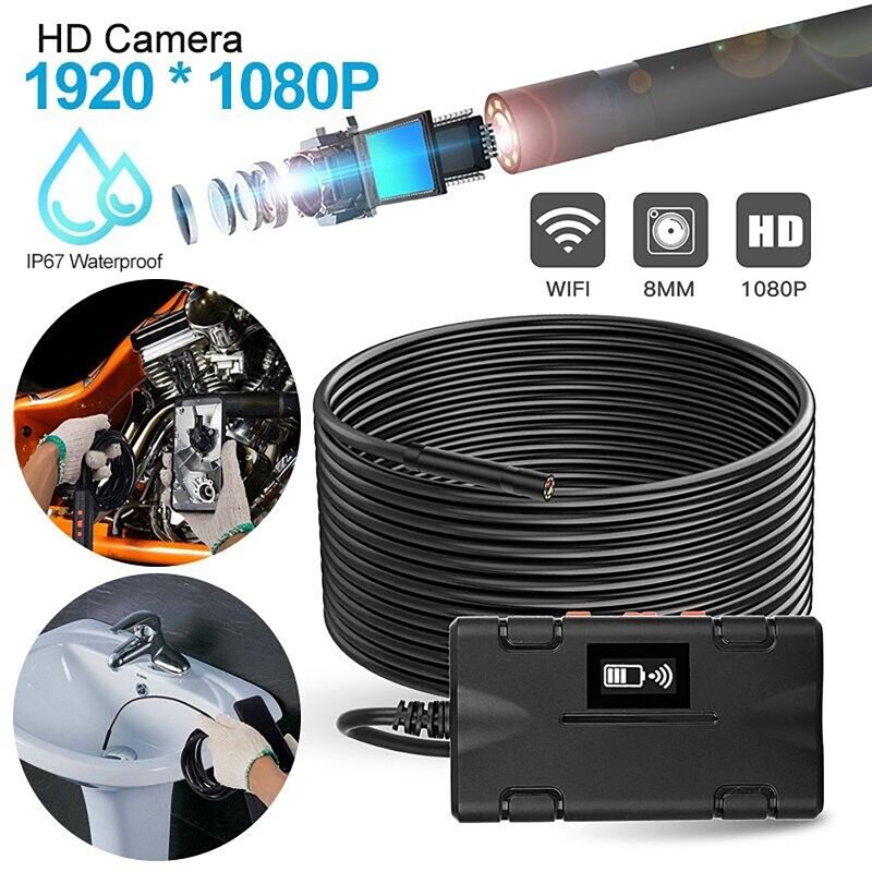 WIFI Industrial Endoscope 1080P HD Borescope Inspection Camera 8mm IP67 Waterproof Camera With 8 Adjustable LED Lights 
