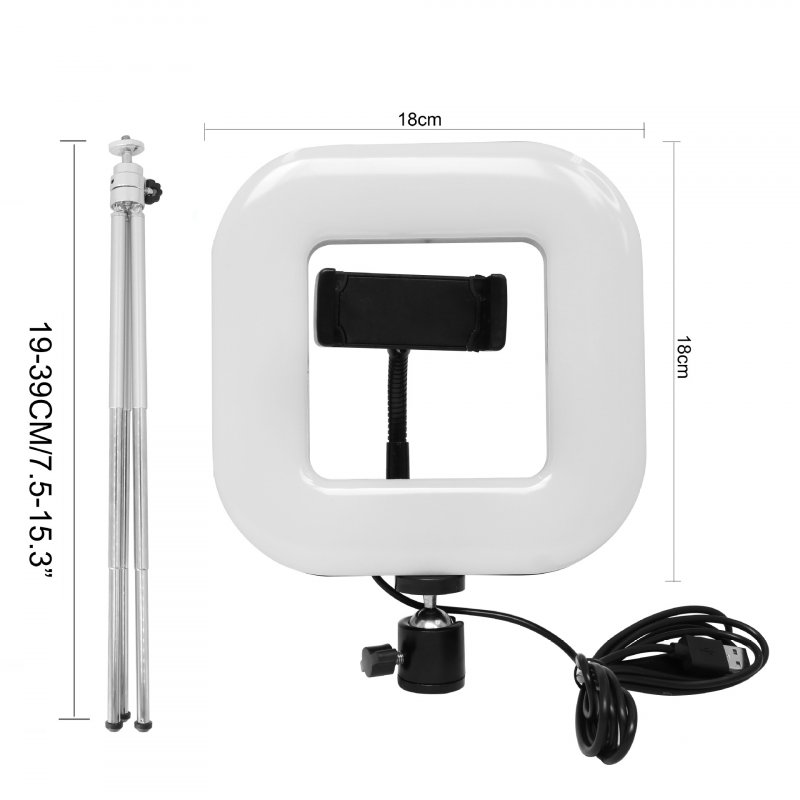 18cm Dimmable LED Square Light with Tripod Phone Fill Light Portable Clip-on for Selfie Live Broadcast Girl Makes up black
