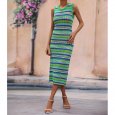 Women Tank Dress Fashion Stripe Contrast Color Knitted Long Skirt Slim Fit Sleeveless Sundresses green XL