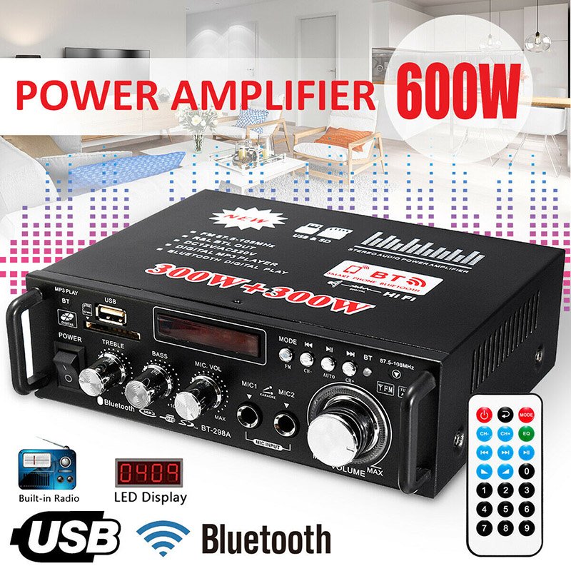 600W LCD Amplifier HIFI Audio Stereo Bluetooth FM 2CH AMP Car Home USB SD MP3 Player 