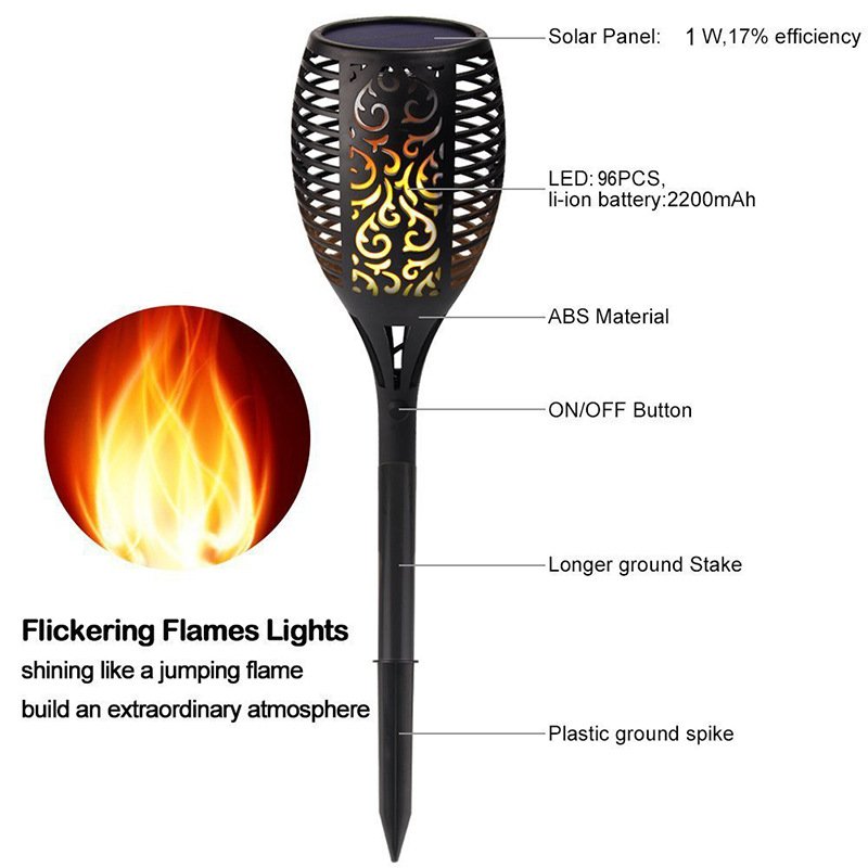 1PC 96LEDs Outdoor Solar Power Flame Lamp for Garden Lawn Lighting Warm white light