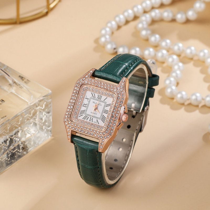 Fashion Women Quartz Wrist Watch Simple Retro PU Strap Full Diamond Roman Dial Watch 