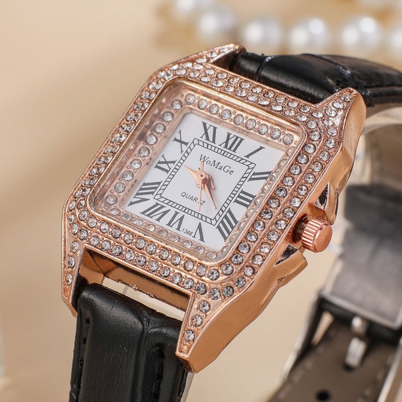 Fashion Women Quartz Wrist Watch Simple Retro PU Strap Full Diamond Roman Dial Watch 