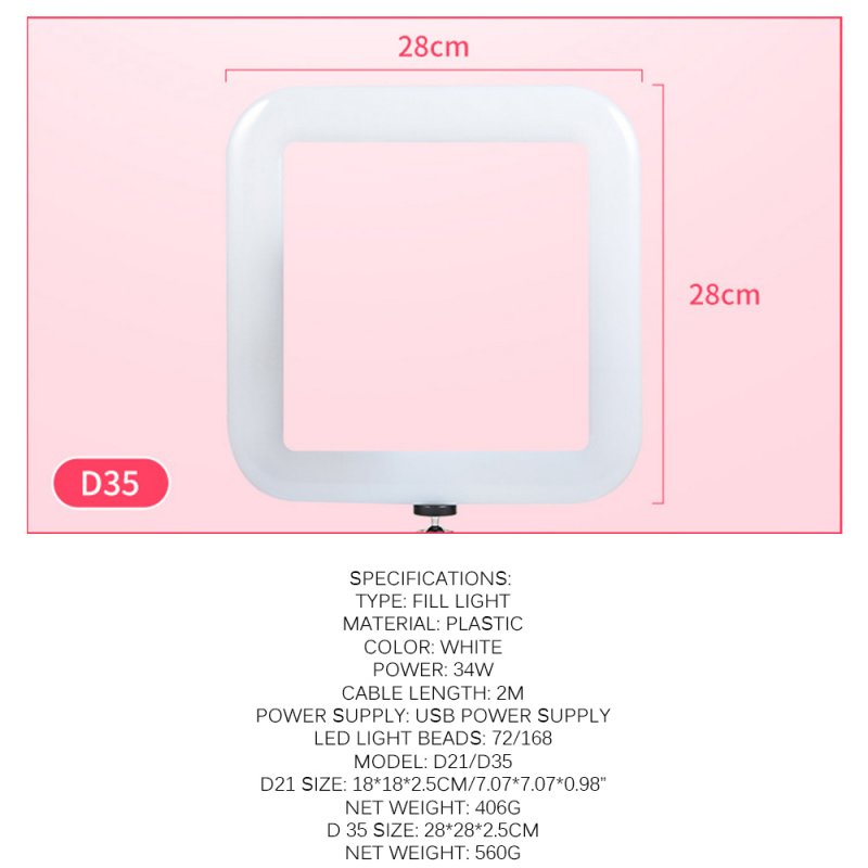 Portable LED Field Fill Light Adjustable Mobile Phone Soft Light Selfie Timer Bright Square Ring Lamp 