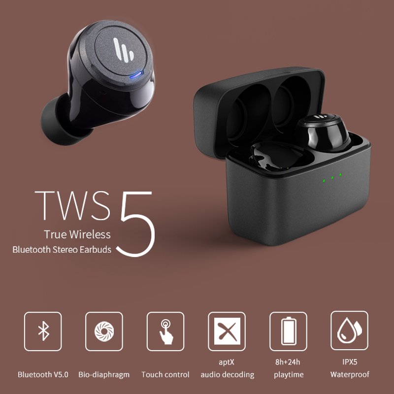 Original EDIFIER TWS5 Bluetooth V5.0 Earbuds AptX Audio Decoding IPX5 Waterproof Touch Control 32Hours Playtime Wireless Earphone 