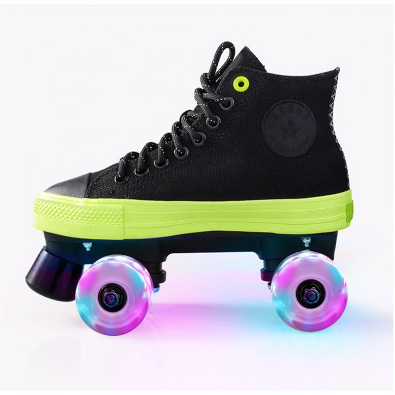 1pair Roller  Skates  Shoes For Beginner Two Line Canvas Sliding Sneakers With 4 Wheels Black + flashing wheel_42