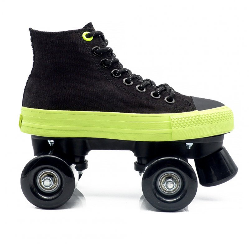 1pair Roller  Skates  Shoes For Beginner Two Line Canvas Sliding Sneakers With 4 Wheels Black + black non-flashing wheel_39