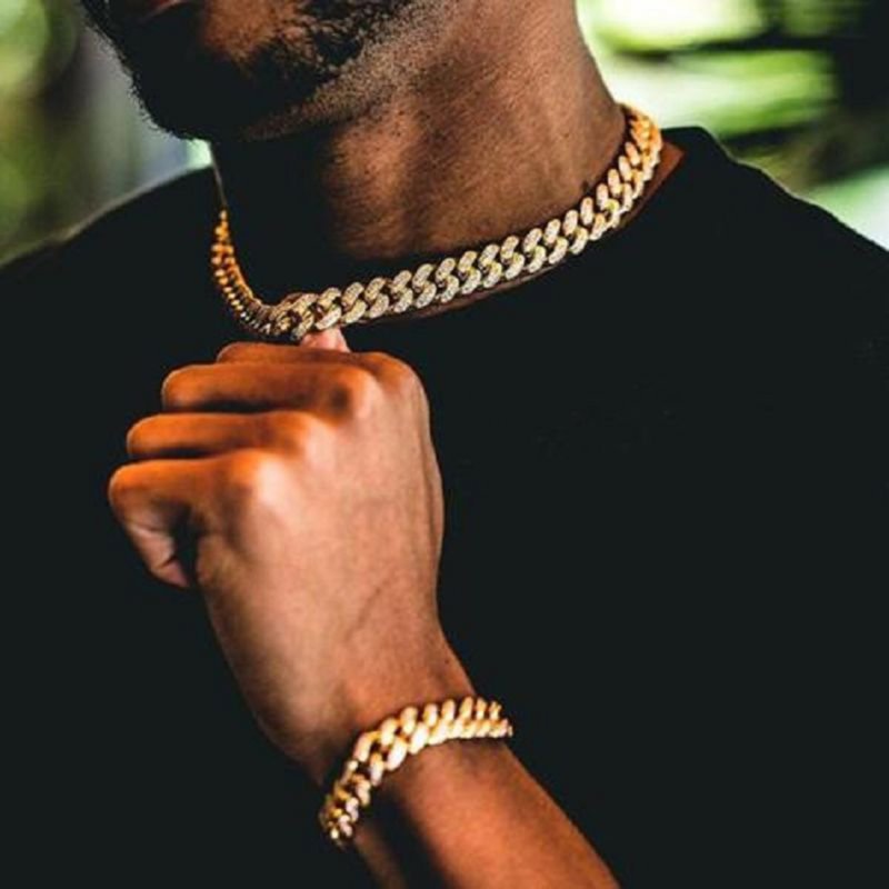 Men's Necklace Hip-hop Style Full-diamond Chain Necklace Bracelet 
