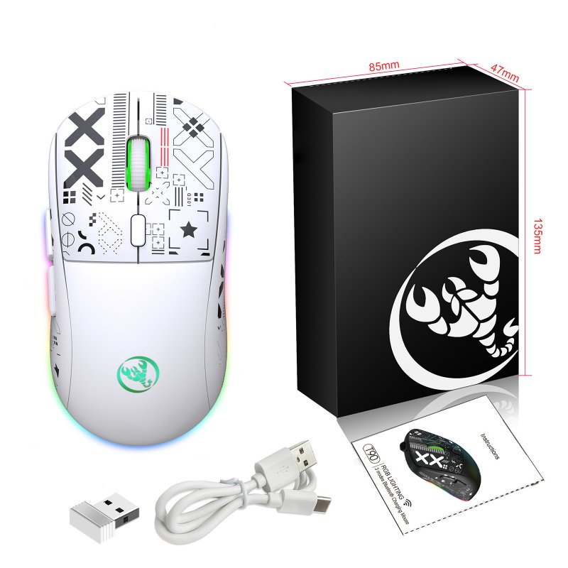 2.4G Wireless Mouse 3600 DPI Wireless Mouse Ergonomic Gaming Mouse RGB Lighting Type-C Rechargeable For PC Laptop Computer T90RGB 3-mode charging -white