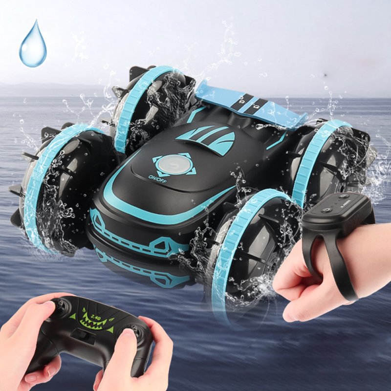 2.4g Remote Control Car Double-sided Tumbling Amphibious Stunt Car Blue handle+watch control