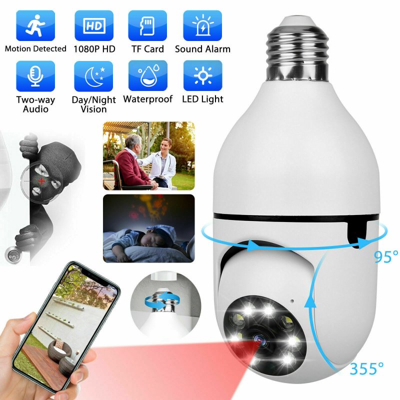 2 In 1 Home Wifi Camera Light Bulb 360 Degree Ip66 Waterproof Wireless Two Way Voice Intercom Security Camera White English