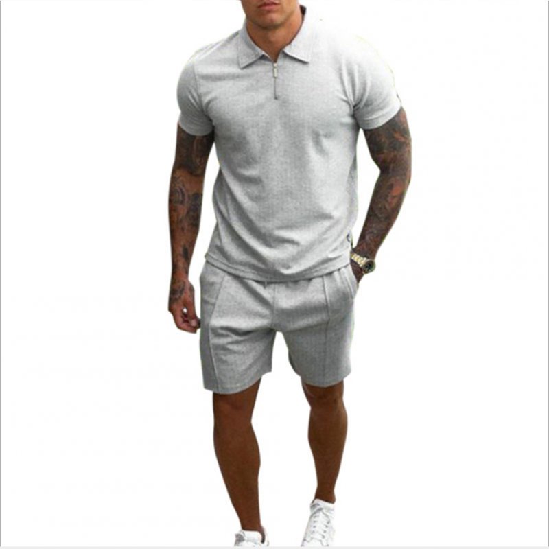 2 Pce/set Men  Casual  Sets Summer Lapel Short-sleeved T-shirt Loose Shorts Leisure Suit Light grey_XL