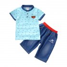 2 Pcs Set Baby Boys Clothes Set Cartoon Printing T shirt   Denim Shorts Casual Set    M blue 90 S
