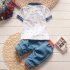 2 Pcs Set Baby Boys Clothes Set Cartoon Printing T shirt   Denim Shorts Casual Set    M blue 90 S